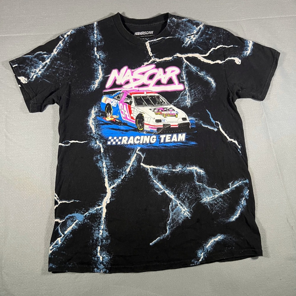 NASCAR Racing Team Graphic T-Shirt Black Lightning All Over Print On Front FLAW